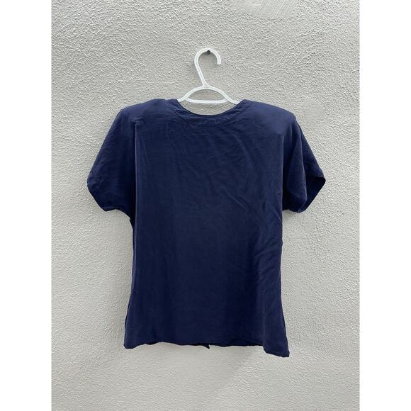 Valerie Stevens Womens Blouse Size 8P Blue Silk Short Sleeve Button Up Back VTG - Picture 1 of 11